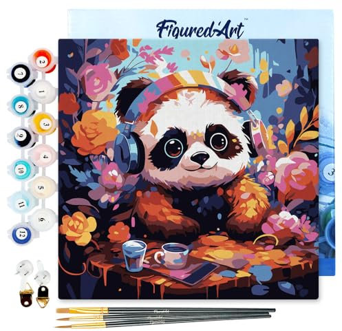 Figured'Art Mini Peinture par Numéro Adulte 20x20cm avec cadre Panda fantaisie et fleurs - Petit Format Kit de Loisir Créatif DIY Numéro d'Art Complet