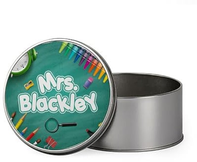 Personalised Teacher Gift With Crayon Themed, Teacher Gift from Kids, Nursery Gift, Portable Metal Tin Box, Storage Box. (Round)