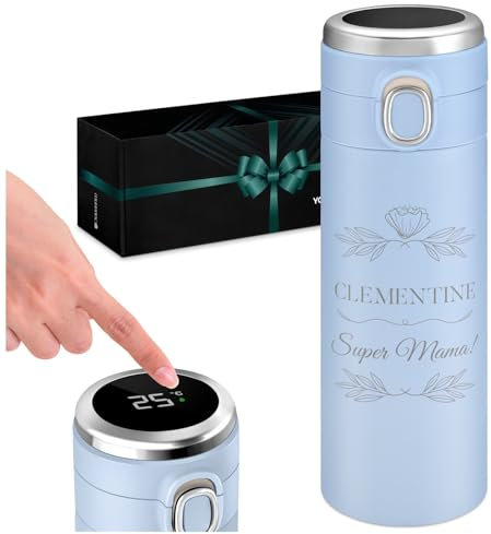 Maverton Thermobecher mit Gravur 400 ml - Kaffeebecher mit LED-Temperaturanzeige - Trinkflasche Edelstahl auslaufsicher 100% dicht - für Frauen zum Geburtstag - blau - Blumen