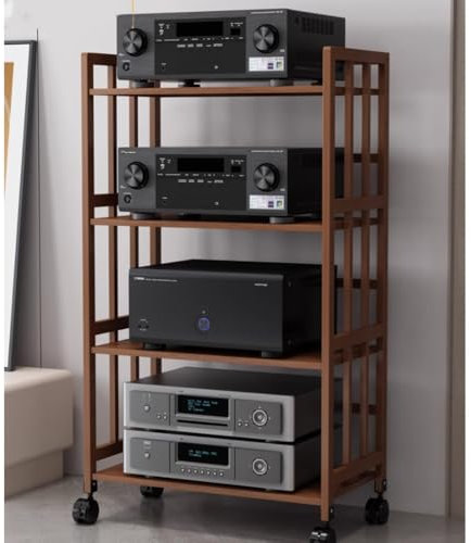 ZIUSFAC Audioständer DVD-Player Rahmen Medienständer Mit Rädern Audio-/Video-Ständer HiFi Regal Holz Record Player Stand AV-Ausrüstung Rack 2/3/4 Etagen(4 Tier-high 123cm,Width-80cm)