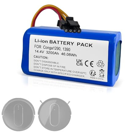 Batería para aspiradora Robot Cecotec Conga, Compatible con Batterie pour aspirateur Robot Cecotec Conga 1290, 1390, 1490, 1590, Gran Capacidad y duración, 14.4V, 3200mAh, 46,08 WH.