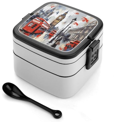 VFKLT London Bento Box Doppelschicht Lunchbox für Erwachsene mit Löffel und Griff Stapelbare Lunchbox Auslaufsicher Lunchbehälter für Arbeit Picknick Reisen