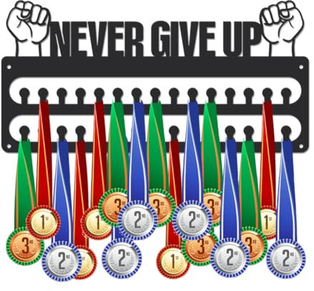 SUPERDANT Porta Medaglie da Parete Never Give Up Espositore per Medaglie Montaggio A Parete 30 Ganci Espositore da Parete per Medaglie Nero Display Rack Organizer per Premi per Corridore