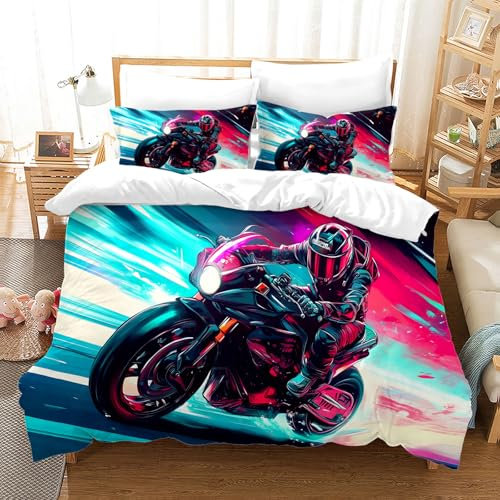 BNREDA Motorrad Bettwäsche 200x200,3D Druck Motorrad Muster Bettwäsche Sets,Weiche Komfort Mikrofaser Bettbezug Mit 2 50x75cm Kissenbezügen, Für Erwachsene Und Kinder (Motocross-C, 200x200cm)