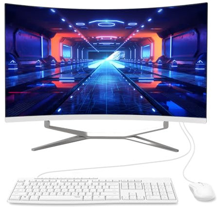 27 Curved FHD All-in-One Desktop Computer PC, N100 Quad-Core Processor, 8GB RAM, 512GB SSD, High-Speed Wired Keyboard & Mouse, Elegant Design - Perfect for Home & Office Use (N100/8GB/512GB)