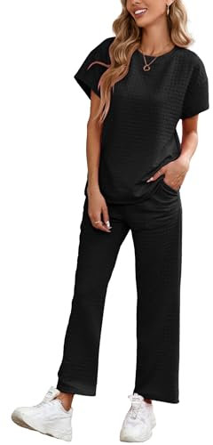 Famulily Tracksuit Womens Full Set Cap Sleeve Tops and Wide Leg Trousers, Ladies Travel 2 Piece Outfits Set Baggy Summer Loungewear Leisure Suits (S, Black)