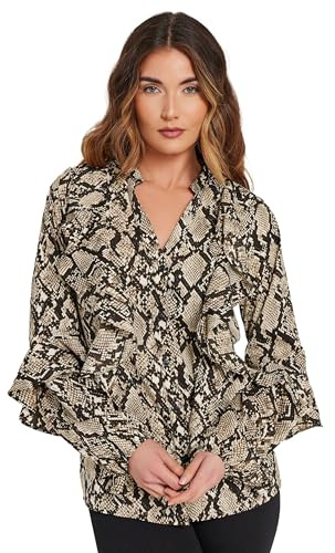 Long Tall Sally - LTS Tall Beige Snake Print Frill Shirt - Women's