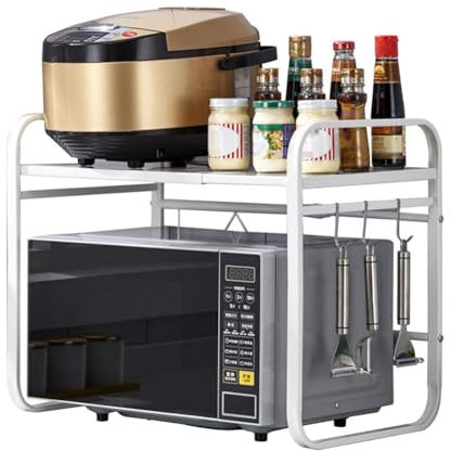 Grille de four à micro-ondes réglable en métal avec support extensible 3 crochets et étagère pour comptoir de cuisine Blanc 40 à 64 cm