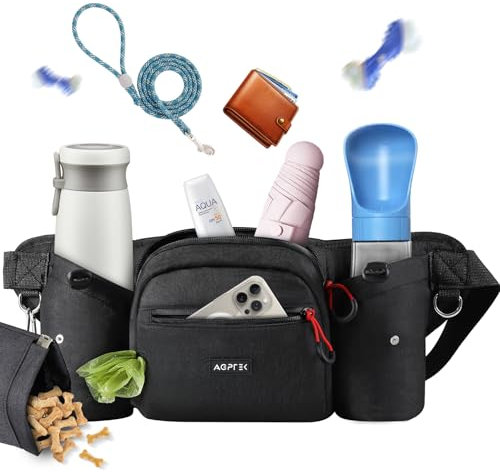 AGPTEK Marsupio per Cani con Borsa Snack Rimovibile, Impermeabile, Alta capacità, Portaborraccia, Dispenser Sacchetti Igienici, per Addestramento e Passeggiate, Nero