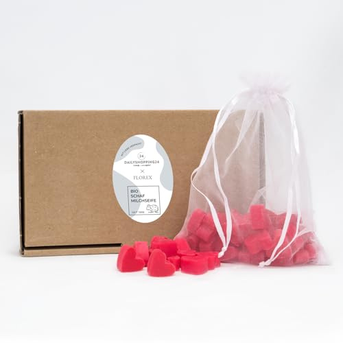 Florex Schafmilchseife in Herz-Form – 50 Stück Mini-Gästeseifen – Handgemachte Naturseife – Taufe, Kommunion, Konfirmation, Gastgeschenk – In Geschenkbox (Lotus - Rot)