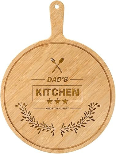 Tagliere rotondo personalizzato per pizza con manico, design della cucina del papà, tagliere in legno da 22,9 cm, piatto da portata inciso