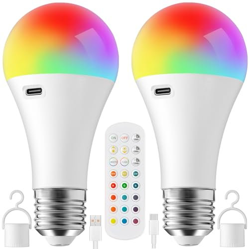 Onite USB Rechargeable Light Bulb with Remote Control - 15 Colours & 10 Brightness Levels, 2000mAh 16H Cordless Light for Camping, Parties, Emergency (2 Pack, E27 Base)