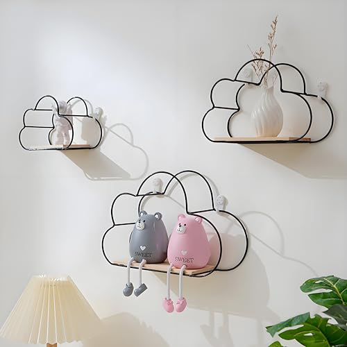 Jentyata Cloud Shelves for Wall - Set of 3 Floating Shelves with Wooden Boards | Modern Room Decor Shelves(Nordic Wall Shelf, Gold/Black) Bedroom & Living Room Storage (Black)