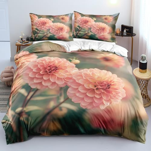 XJHTJA Floral 3D Print Double Duvet Cover for Adults Women Teens - Pink Dahlia Pattern Quilt Cover Set - Breathable Easy Care Microfiber Luxurious Garden Bedding Set