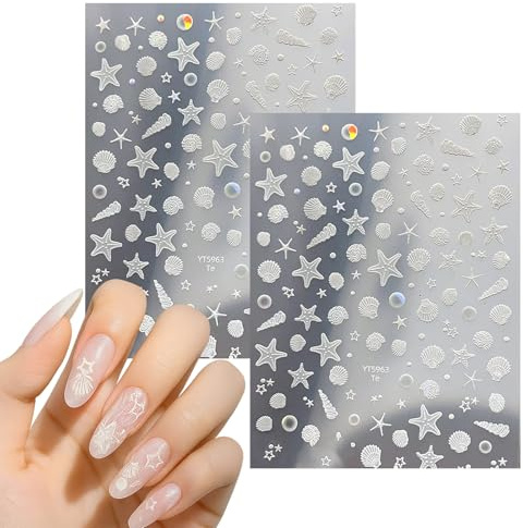 Aurora Seashell Starfish Nail Stickers - Self-Adhesive Ocean Style Decals with Spiral Patterns for DIY French Tips Summer Nail Art Accessories, 2 Sheets White Translucent Designs
