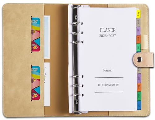 Kalender 2026 2027 Nachfüllbar(Deutsch), Personal A6 Wochenplaner/Terminplaner 1 Woche 2 Seite mit Tabs, PU Softcover, Klein Schülerkalender Ringbuch(Aug-Jul), Taschenkalender Buchkalender Planer