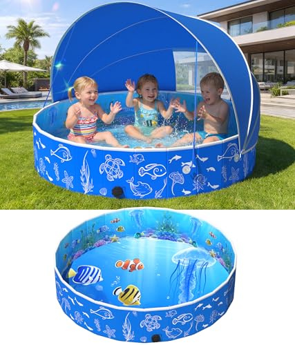 Luxfero Planschbecken mit Schatten, Faltbarer Kinder Planschbecken mit Dach, Pop-Up Planschbecken Baby für Sommer, Schnelle Installation Schwimmbecken, Kinderpool für Garten Strand, 130 x 130 x 30 cm