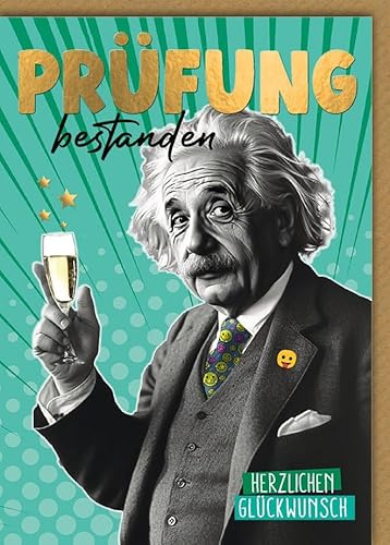 Glückwunschkarte zur Prüfung für Jugendliche - Prüfung - Einstein mit Sektglas und Retro-Design in Türkis - Klappkarte mit Umschlag