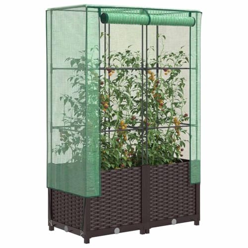 HFXHIJXQ Hochbeet mit Gewächshaus-Aufsatz Rattan-Optik 80 x 40 x 138 cm Braun PP Eisen stabil Tomatenhaus Fensterbank Balkon Garten Gemüse Kräuter pflanzkübel groß Outdoor
