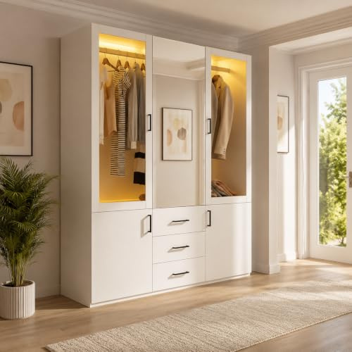 CXHLXYR Schlafzimmerschrank mit Spiegel und LED, Transparenter Kleiderschrank mit 4 Türen und 3 Schubladen,Aufbewahrungsschrank mit Kleiderstange,Mehrzweckschrank für Schlafzimmer Weiß 130x52x182cm