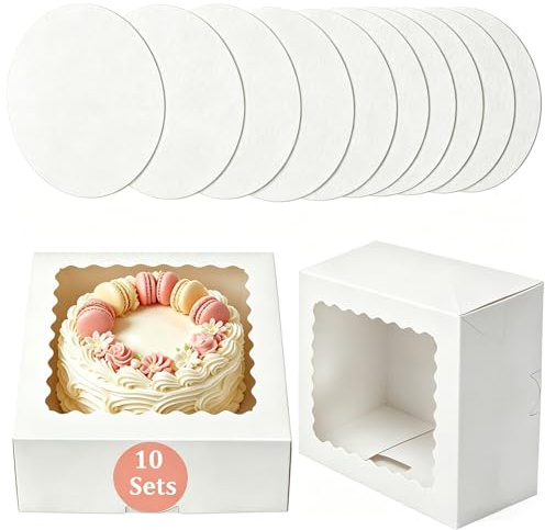 CUESVAP 10 Stück Tortenbox 20x20x13cm mit Sichtfenster & 10 Kuchenplatten – Lebensmittelechte Kuchen Transportbox für Geburtstag, Hochzeit, Geschenk – Ideal für Hausbäcker, Cafés & Konditoreien