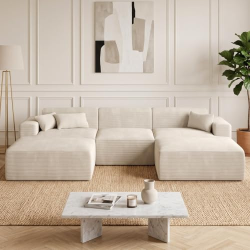 skølm Freki Cloud Couch aus Cord, 3-Sitzer, Beige, 3 Kissen, mit 2 Hockern | L-Form Ecksofa, Vollschaumcouch mit Federkern & Vakuum-Kompression, 320 cm breit, kein Aufbau erforderlich, Wohnzimmersofa