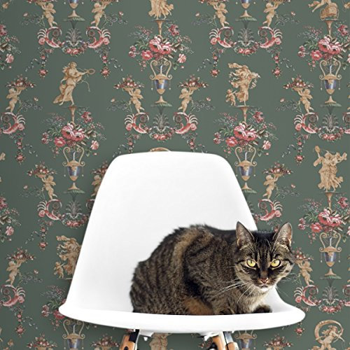 Feine TapeteIn Elysium mit üppigen Rosen und Putti in historischer Paneel Optik in grün, Vlies Tapete Ornamente Blumen, exklusives GMM Design für schöne Wände (H: 2,6m B: 46,5cm)