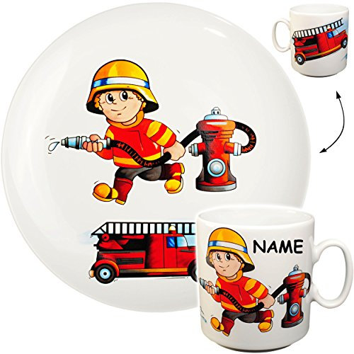 alles-meine.de GmbH 2 TLG. Set großer Teller/Kinderteller + Henkeltasse - Feuerwehr - Feuerwehrmann & Feuerwehrauto - inkl. Name - aus Porzellan/Keramik - Tasse - Speis..