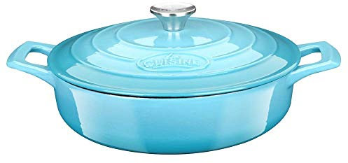 La Cuisine Cacerola poco profunda para estofado de hierro fundido esmaltado 28cm Dia. - 3,5 litros - Interior esmaltado negro mate, exterior esmaltado de porcelana azul pálido Apto para horno