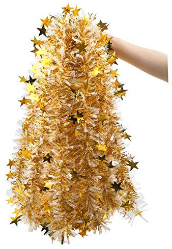 LOKIPA 10M Gold Chunky Christmas Tinsel Garland with Star for Christmas Tree Decorations
