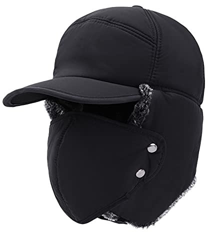 MEOKEY Wintermütze Fliegermütze mit Ohrenklappen,Schwarzer Männer Baseball Cap Schirmmütze mit Kunstpelz für Snowboarden Skaten Radfahren