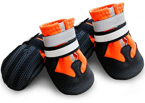 NeuWook Hundeschuhe, 4er-Set wasserdichte Hundeschuhe Anti-rutsch Hundestiefe mit reflektierendem Riemen, Breathable Hundestiefel Pfotenschutz für Kleine Mittelgroße Hunde (S, Orange)