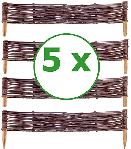 BOGATECO Lot de 5 bordures/clôtures de parterre, décoratives, en saule/bois/osier, à emboîter, pour la pelouse, le jardin comme délimitation de chemin, 60 x 10 cm (L x h)
