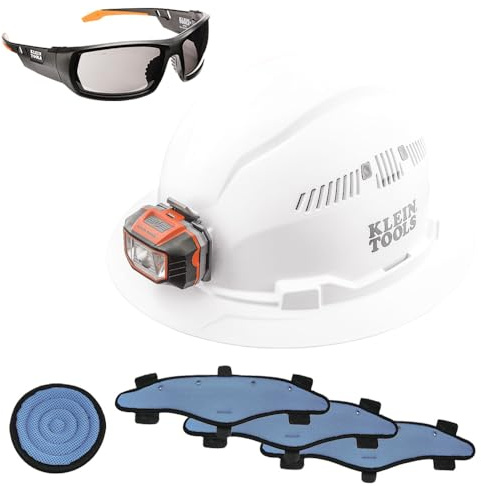 Klein Tools 80084 Hard Hat and Accessories Kit, Vented Full Brim Hard Hat, Headlamp, Sweat Band, Top Pad and Tinted Safety Glasses, 5-Piece, Black, Medium
