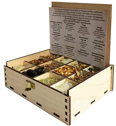 Räucherbox Geschenkbox mit 12 Sorten Räuchermischungen Energie & Zuversicht, 14 x 10 x 4 cm
