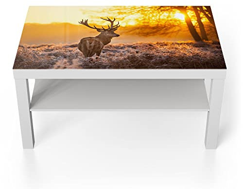 DEQORI Glastisch | weiß groß 90x50 cm | Motiv Hirsch am Wintermorgen | ausgefallener Beistelltisch aus Glas | Hochglanz Couchtisch fürs Wohnzimmer | moderner Couch Tisch mit Design