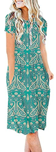 AUSELILY Summer Dresses for Women Short Sleeve Knee Length with Pockets Loose Pleated Empire Dress T-Shirt Dresses
