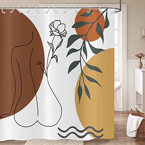 Hnmdmyi Rideau de Douche Femme Abstraite 180x200, Art Boho Mid Century Moderne Esthétique Minimaliste avec Fleurs Feuilles Géométriques, Imperméable en Polyester Tissu Lavable