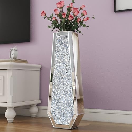 SHYFOY 76,2 cm silberne verspiegelte Kristallbodenvase – Glamour, geometrische, dekorative hohe Vase für Wohnzimmer, Büro oder Schlafzimmer
