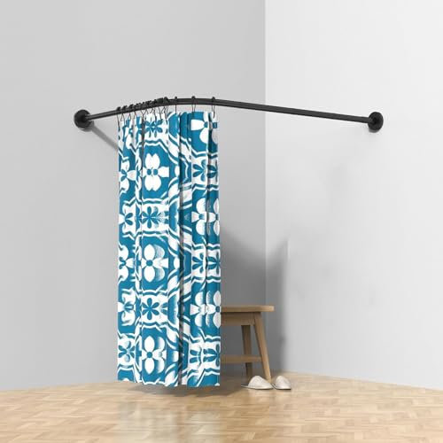 Tringle à rideau de douche en forme de L,Tringle à rideau de douche d'angle réglable,Sans Percage/Percage,Noir Barre rideau de baignoire douche,pour salle de ba(Size:D 70-95cm x 105-165cm,Color:Noir)