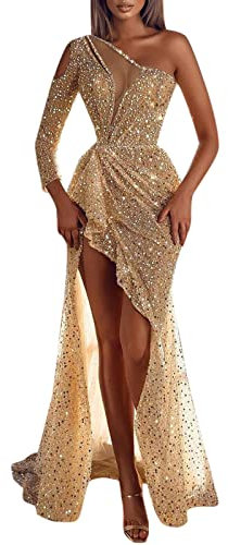 BOTCAM Robe de Cocktail à Paillettes - Soirée Sexy Maxi Dorée Élégante - Pour Femme, Mariée, Or, L