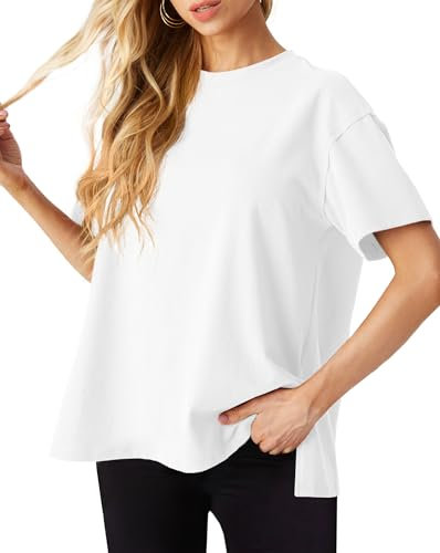 GRECERELLE Womens Summer T Shirts - Cotton Oversized Drop Shoulder Half Sleeve Casual Crew Neck Ladies Tops with Slit Hem for Baggy Fashion (White L)