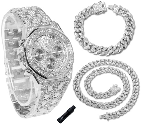 genkigold Diamantuhr für Teenager Jungen – 38mm Römische Ziffern Achteckiges Zifferblatt – 18K Echtgold/Platin Plattiert 19,5cm Armband – Inkl. Werkzeug, Kombinierbar mit Cuban-Kette