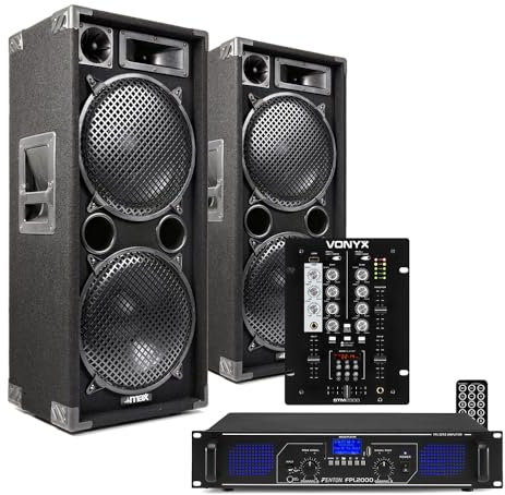 VONYX Max SP212 DJ Speakers and Amp with STM-2300 Mixing Desk, Complete Mobile DJ Setup, Dual 12-Inch 1400W DJ Powered Speaker Package for Parties and Events