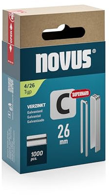 NOVUS TOOLS Schmalrückenklammern 26 mm superhart, 1000 Tacker-Klammern vom Typ 4/26, Schiebeschachtel, Heftmittel für Profilhölzer und Paneele