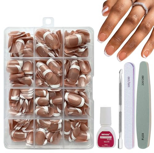 DMQ Short French Press On Nails, 240Pcs Square False Nails with Glue, French Tip Nude Color Fake Nail Kit, Glossy Stick on Nails for Women Girls Nail Art Manicure Decorations