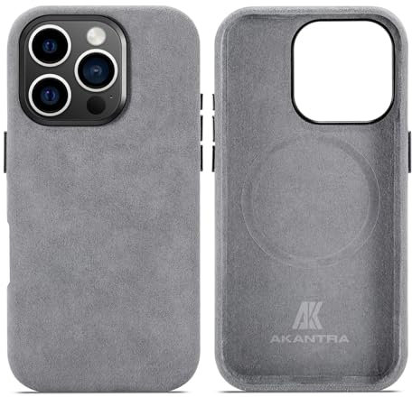 AKANTRA Alcantara Case for Apple iPhone16 Pro, Handmade Fully-Wrapped Synthetic Suede Cover, Compatible with Magsafe Wireless Charging (Gray, for iPhone16 Pro)