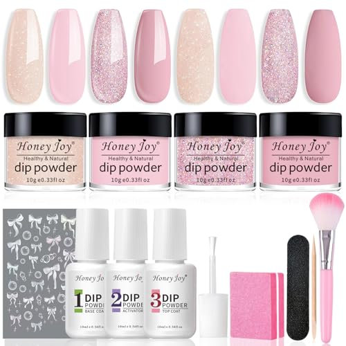 Honey Joy Dip Powder Nail Kit Starter, 4 Colors Pink Glitter Nude Fine Dipping Powder Liquid Set with Base Top Coat Activator for Nail Art Manicure Salon DIY No LED Nail Lamp Needed, Dip-7pcs-No.17