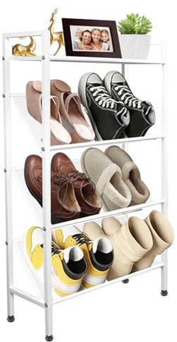 SHMSHNG Schuhregal Schmal, Schuhregal Platzsparend Metall Weiß, Schuhablage mit 4 Ebenen für Eingangsbereich Flur Wohnzimmer, Shoe Rack 50cm breits 20 cm tief Höhe 90cm