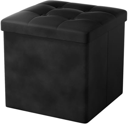 Oak & Tea Storage Ottoman, Foldable Storage Bench, Small Footrest, Cube Storage Unit, 3 Storage Boxes with Lid, Footstool, Comfy Toy Chest for Bedroom Living Room, Black 38x38x38cm